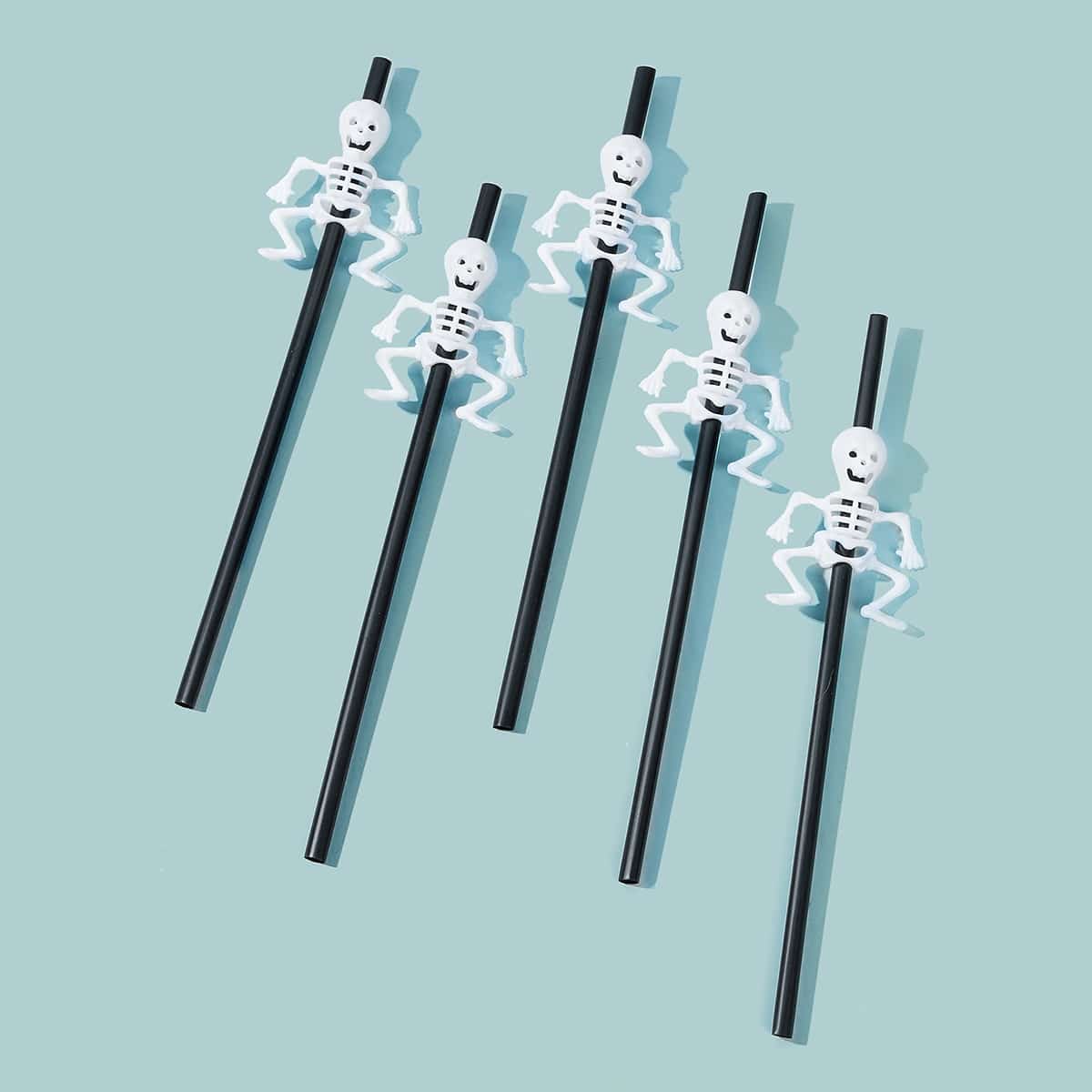 

5pcs Skeleton Decor Plastic Straw, Black and white