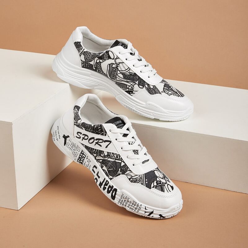 

Guys Cartoon & Letter Graphic Chunky Sole Sneakers, Black and white
