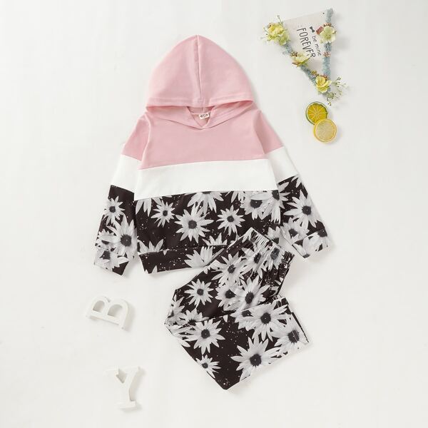 

Toddler Girls Cut And Sew Floral Print Hoodie With Pants, Multicolor