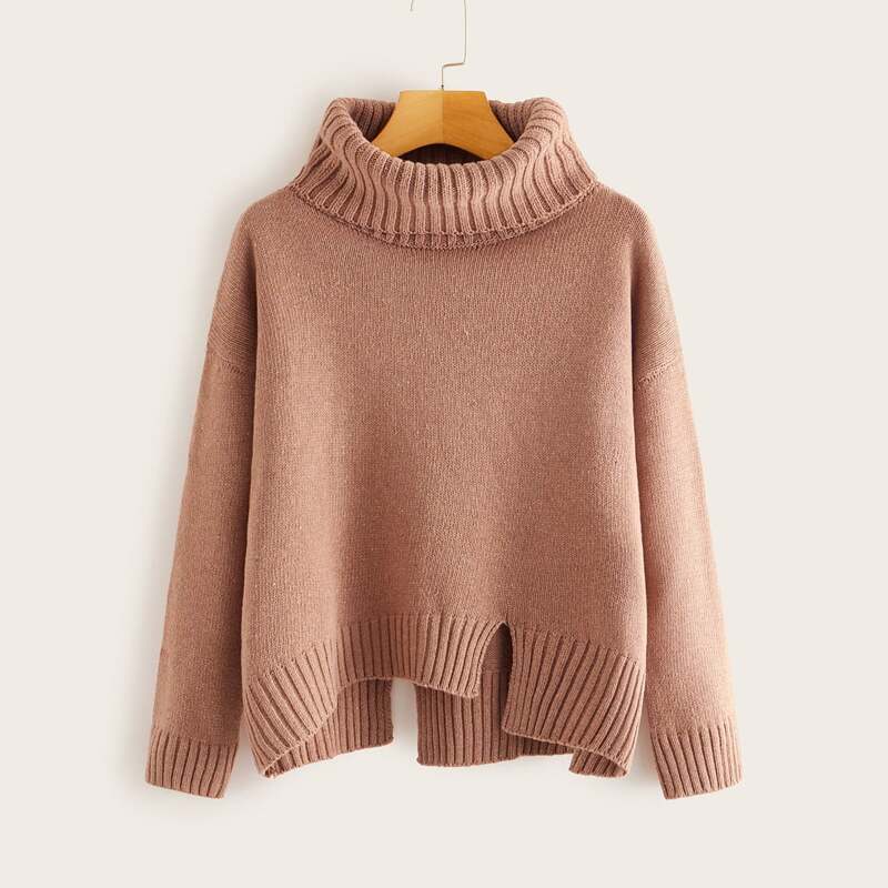 

Solid High Neck Asymmetrical Hem Jumper, Brown