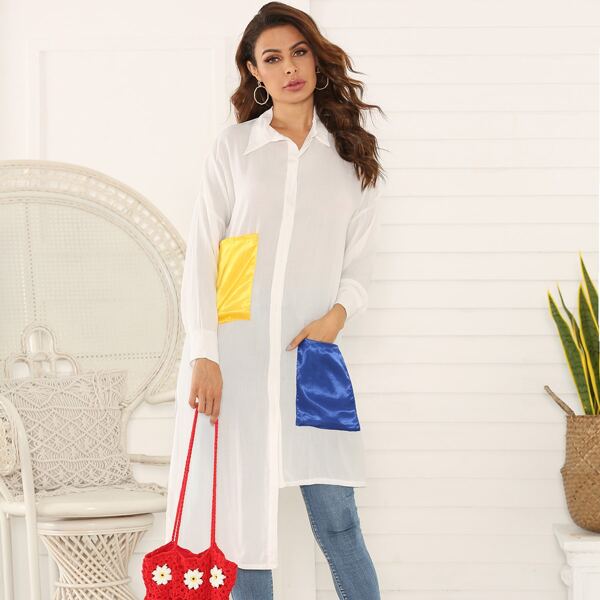 

Pocket Patch Asymmetrical Hem Longline Shirt, White