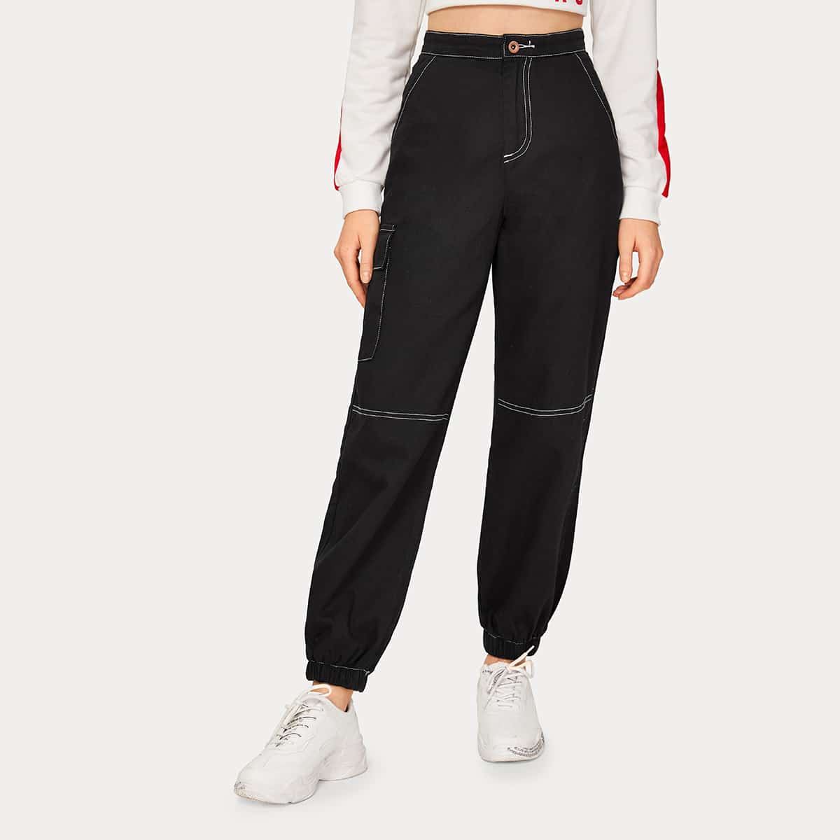 

Contrast Stitching Zipper Fly Cargo Jeans, Black