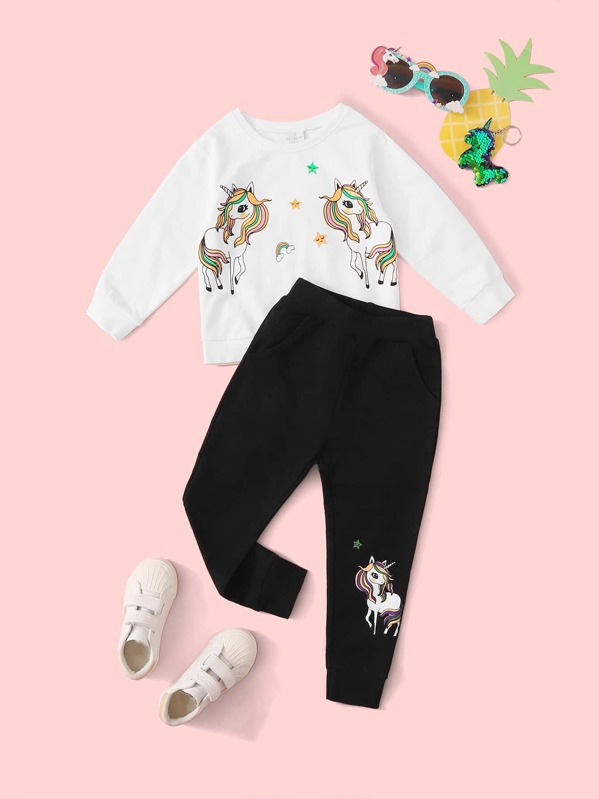 

Toddler Girls Unicorn Print Sweatshirt With Sweatpants, Black and white