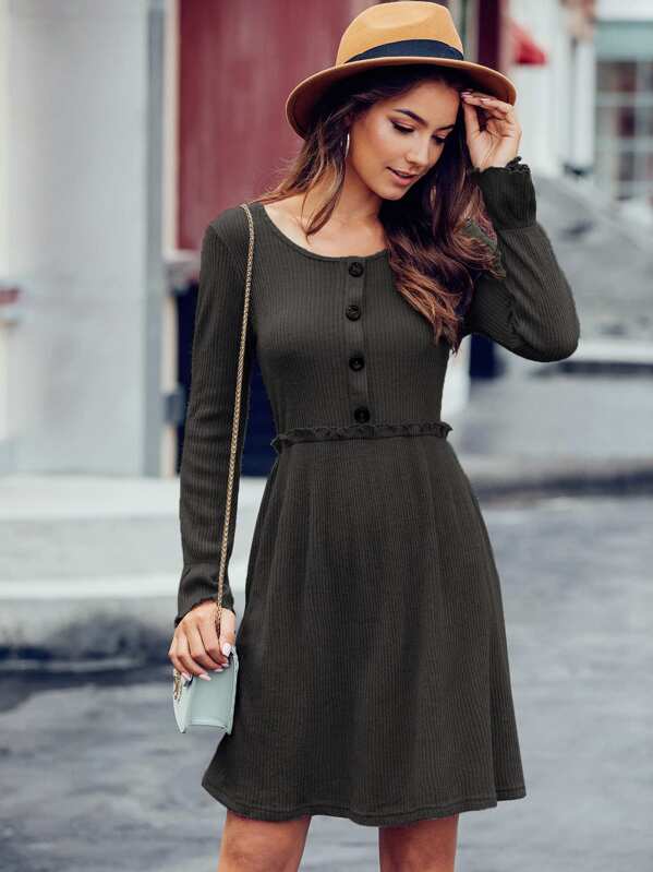

Frill Trim Flounce Sleeve Sweater Dress, Grey, Debi Cruz