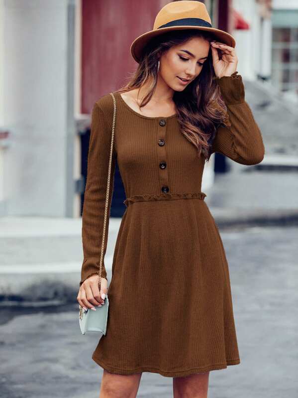 

Frill Trim Flounce Sleeve Sweater Dress, Brown, Debi Cruz