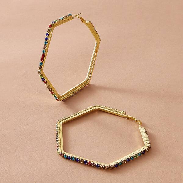 

Rhinestone Engraved Hexagon Earrings 1pair, Gold