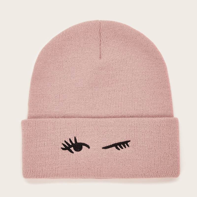 

Eyelashes Embroidery Cuffed Beanie, Pink