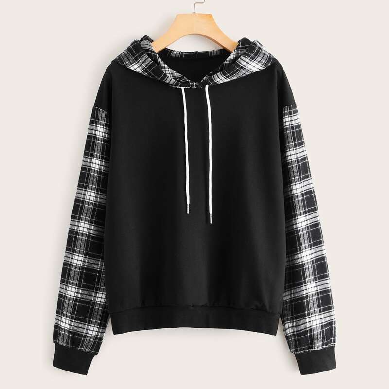 

Contrast Tartan Sleeve Drawstring Hoodie, Black