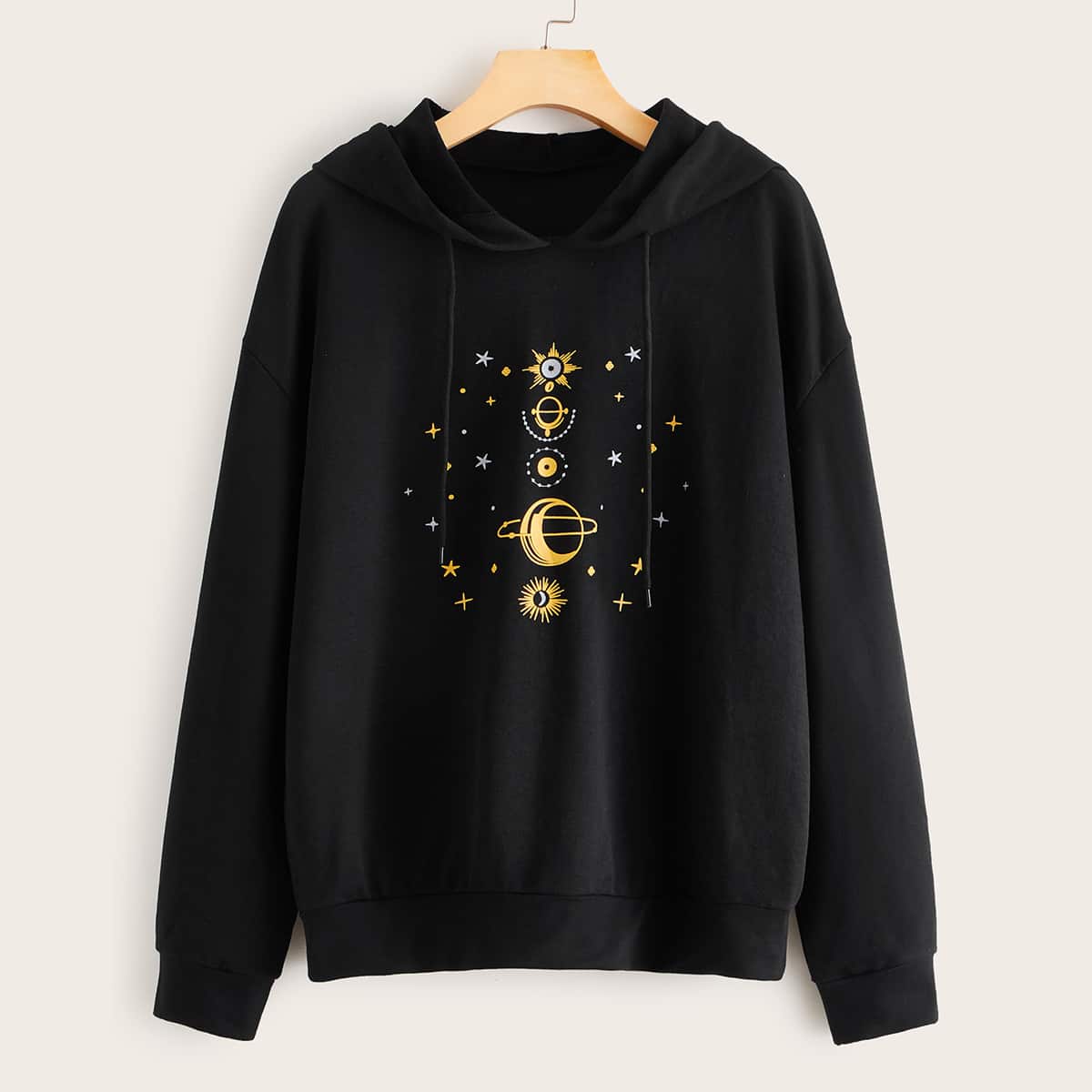 

Galaxy Print Drawstring Hooded Sweatshirt, Black
