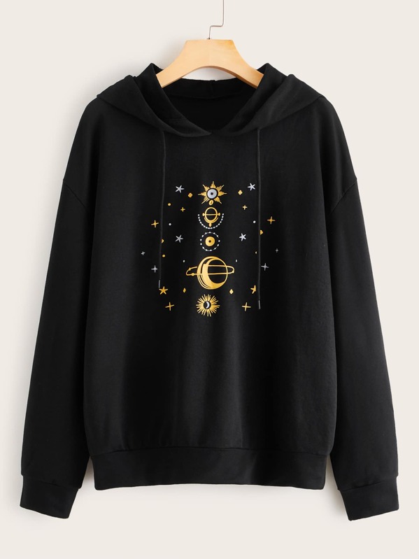 

Galaxy Print Drawstring Hooded Sweatshirt, Black
