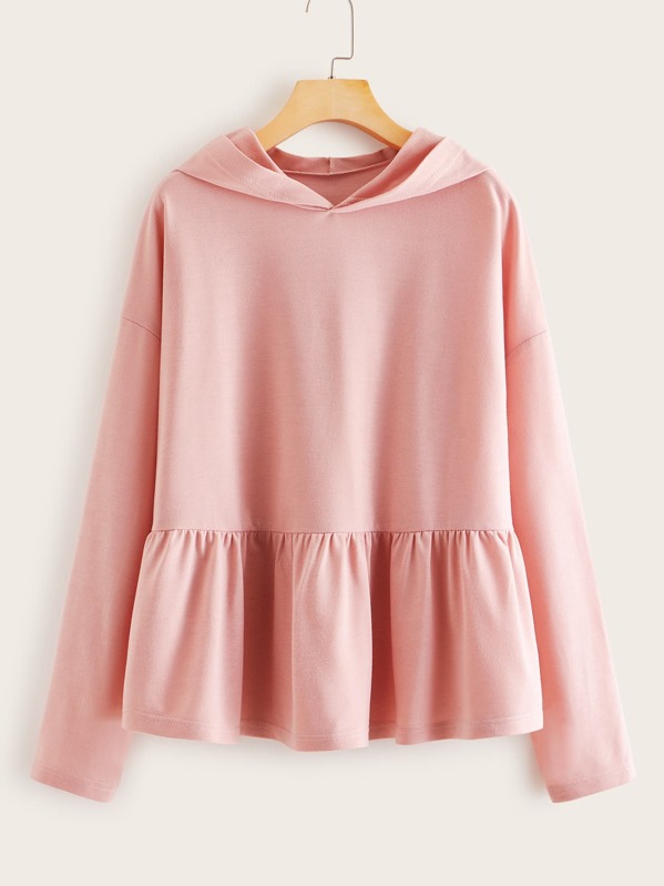 

Solid Ruffle Hem Hooded Sweatshirt, Pink