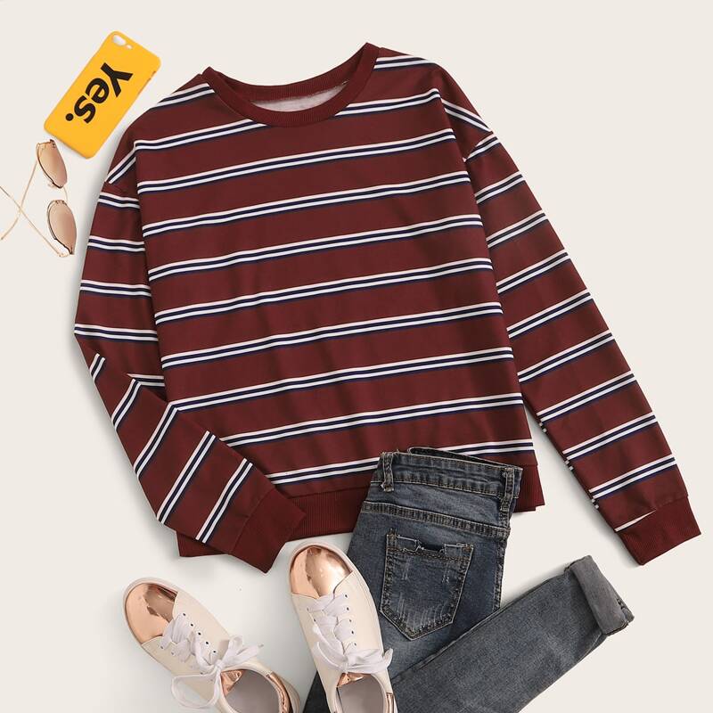 

Crew Neck Striped Sweatshirt, Burgundy