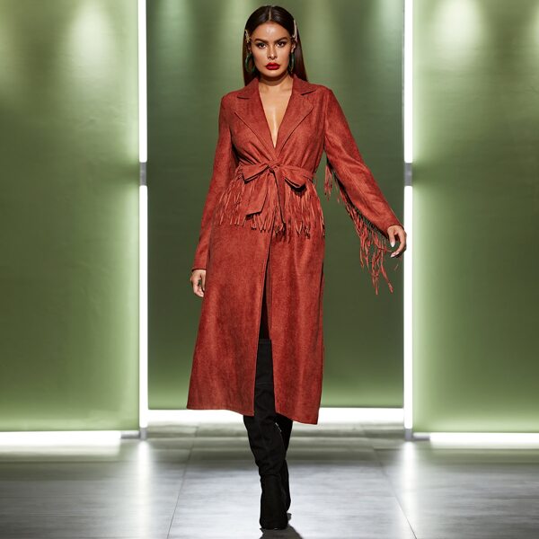

Notch Collar Fringe Detail Self Belted Cord Coat, Red