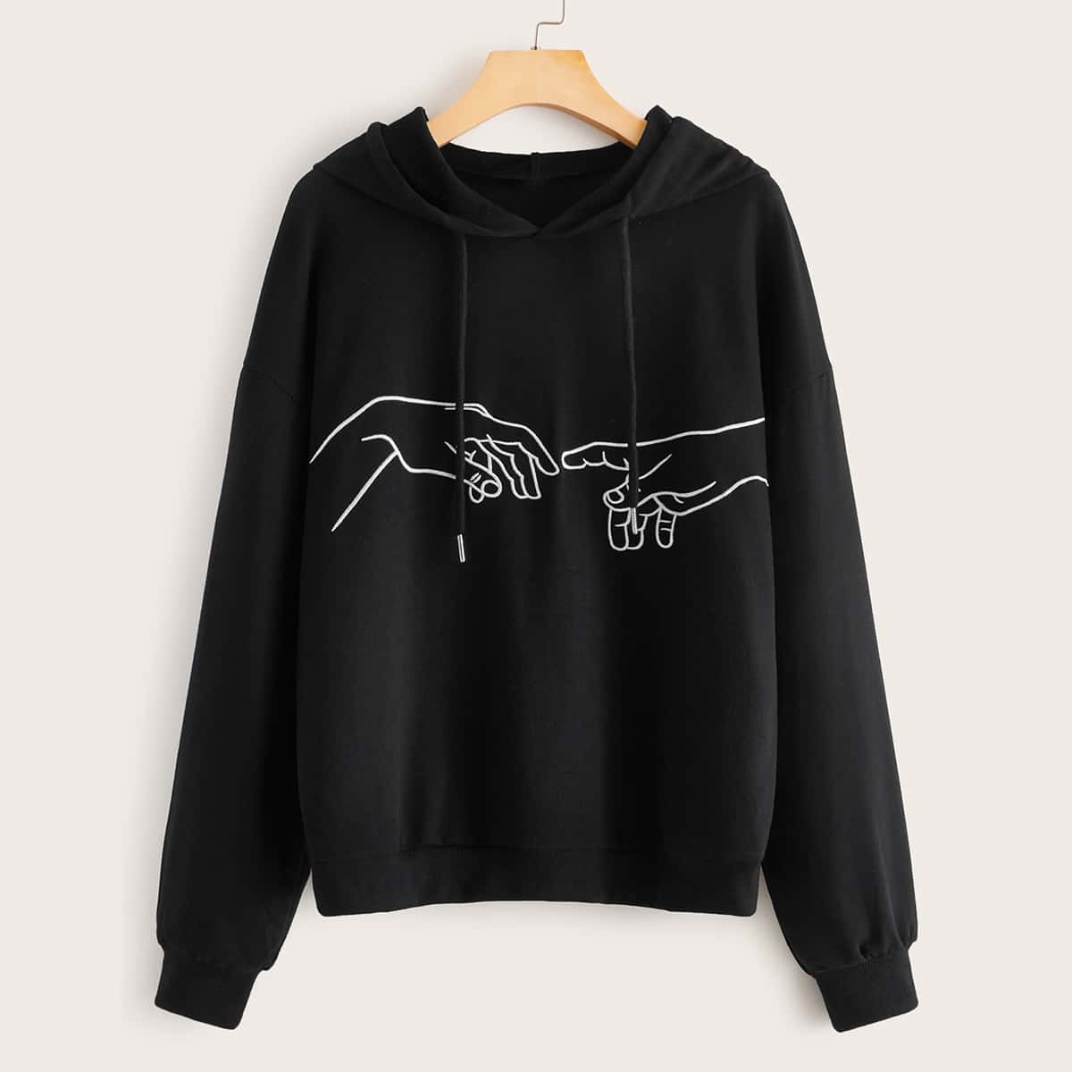 

Hand Graphic Drawstring Hooded Sweatshirt, Black