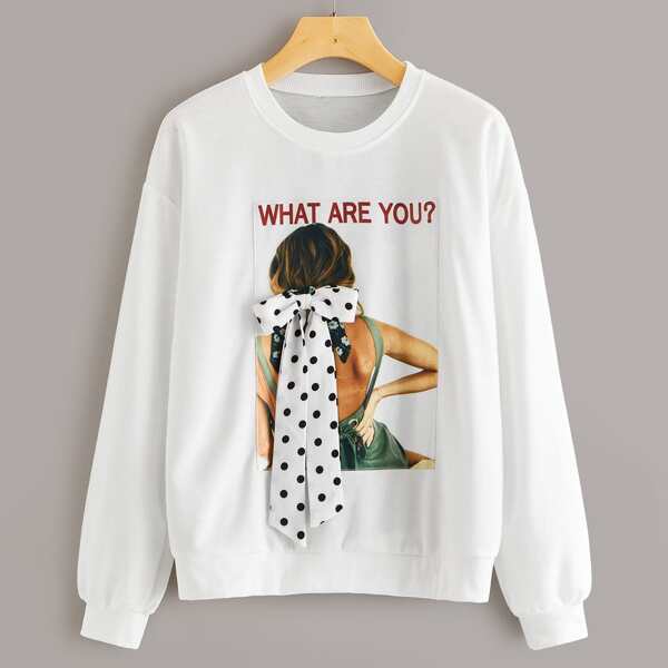 

Figure & Slogan Graphic Knotted Detail Sweatshirt, White