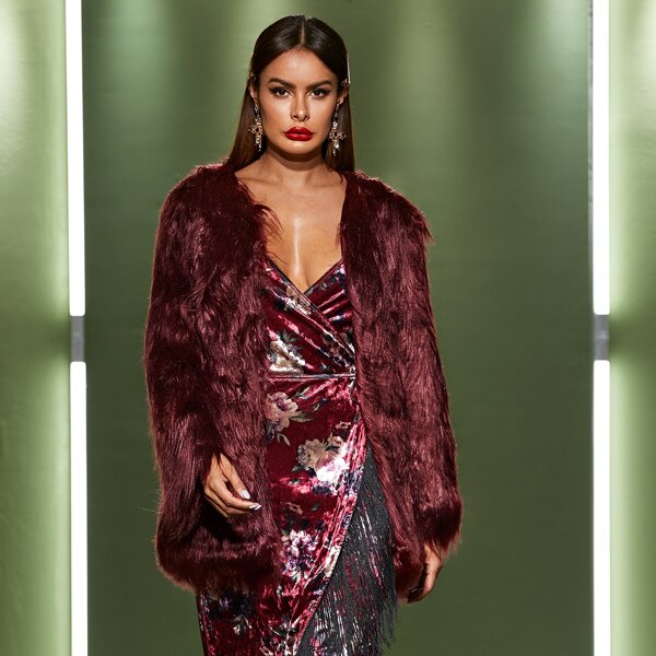 

Open Front Faux Fur Coat, Burgundy