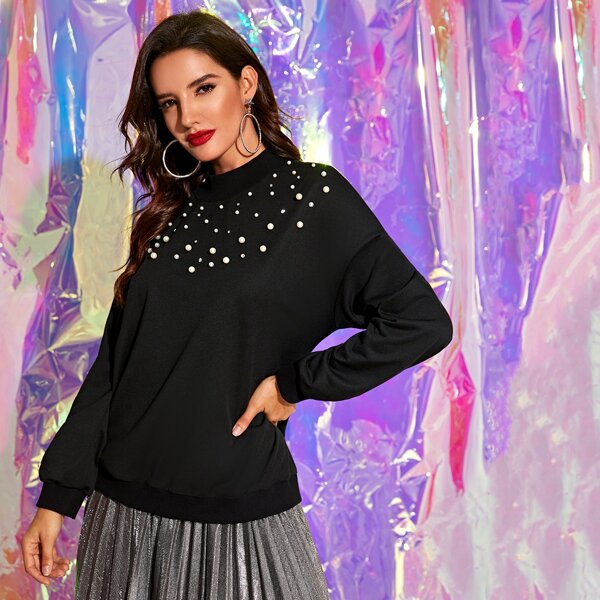 

Pearls Beaded Mock Neck Sweatshirt, Black