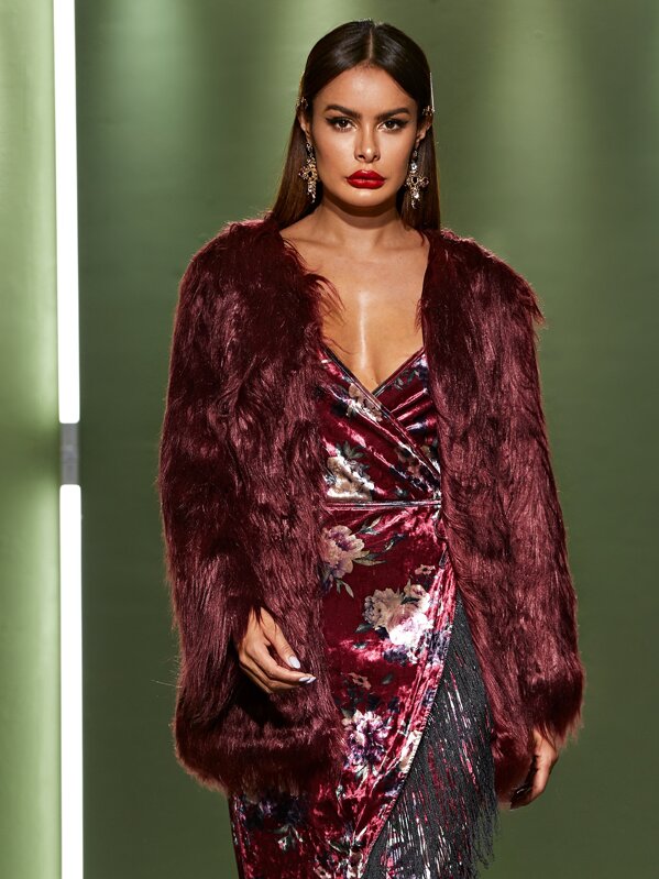 

Open Front Faux Fur Coat, Burgundy, Andy
