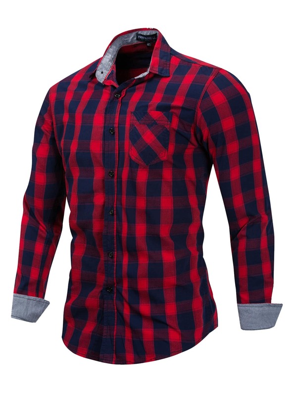 

Men Gingham Patched Pocket Button Shirt, Red