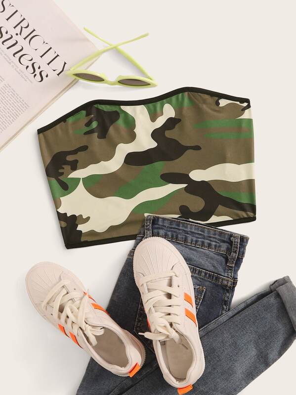 

Camo Print Contrast Binding Tube Top, Multicolor