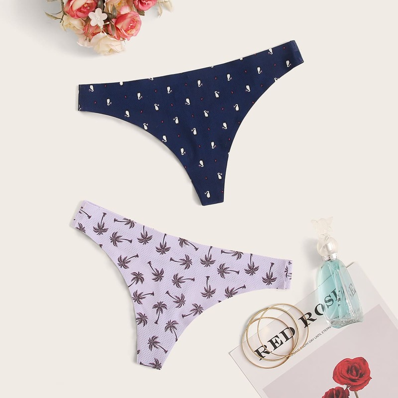 

2pack Swan & Palm Tree Random Print Panty Set, Multicolor