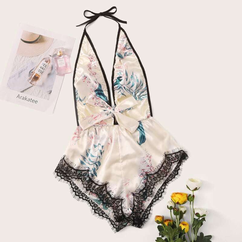 

Floral Print Lace Trim Satin Romper Bodysuit, Multicolor