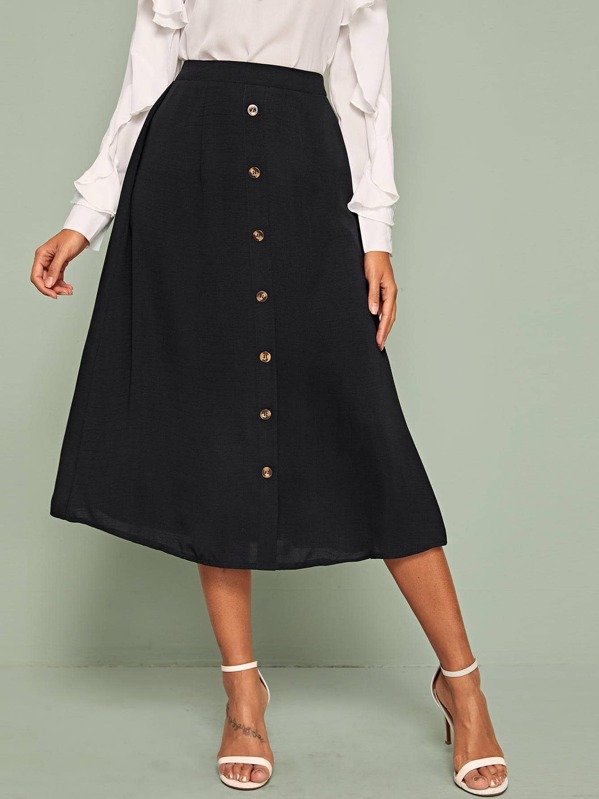 

Button Front Elastic Waist Skirt, Black, Giulia