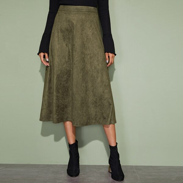 

Zip Back Suede A-line Skirt, Army green
