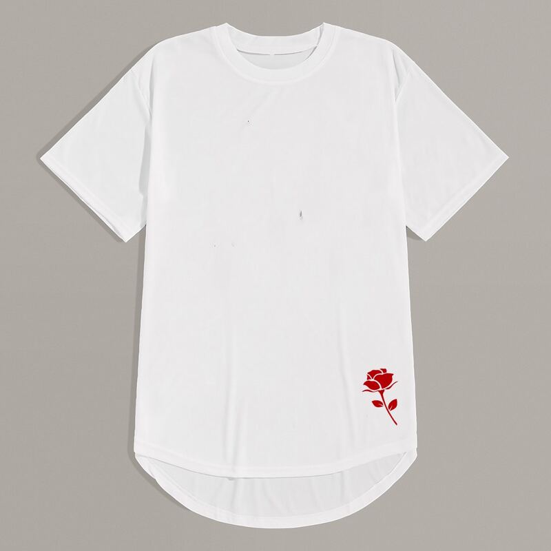 

Guys Rose Print High Low Hem Tee, White
