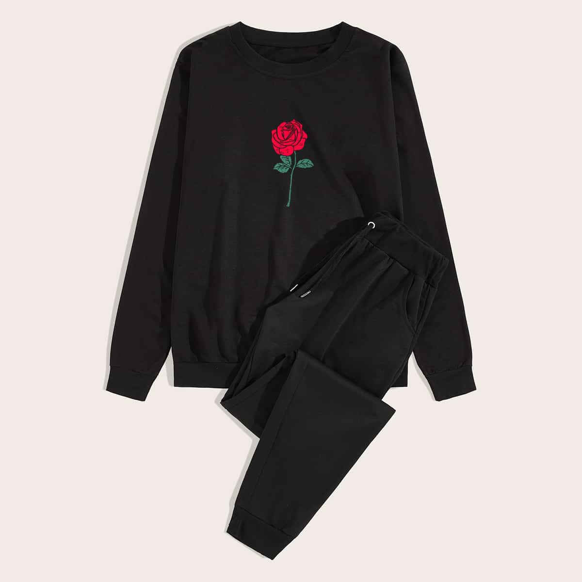 

Guys Rose Print Sweatshirt & Drawstring Sweatpants, Black