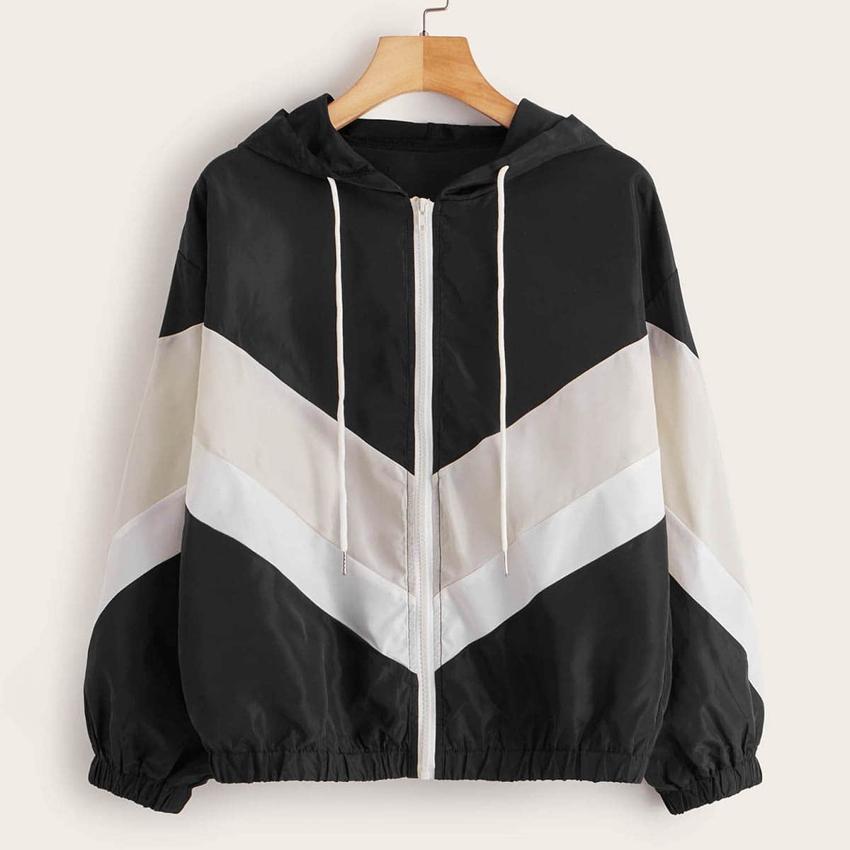 

Contrast Chevron Panel Hooded Windbreaker Jacket, Black