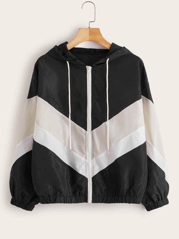 

Contrast Chevron Panel Hooded Windbreaker Jacket, Black