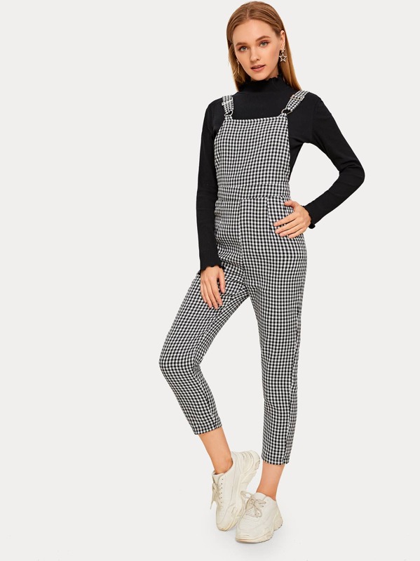 

Gingham Straight Leg Cropped Overall, Black and white, Sava