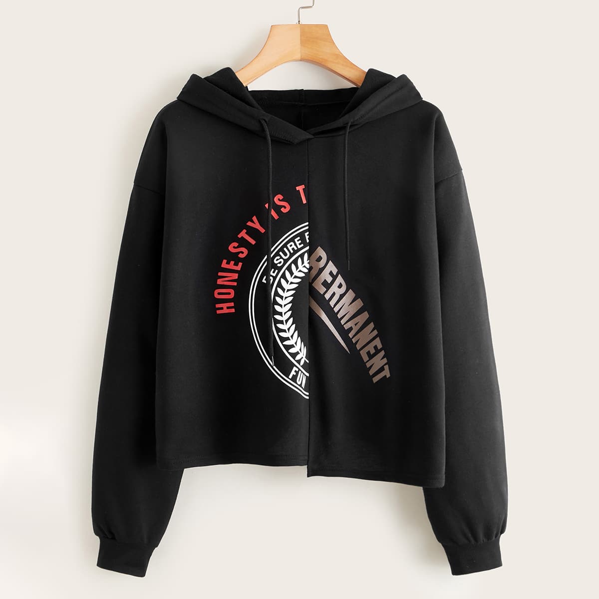 

Slogan Graphic Drawstring Hooded Sweatshirt, Black