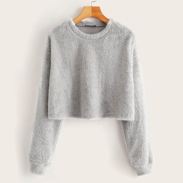 

Round Neck Solid Teddy Sweatshirt, Grey