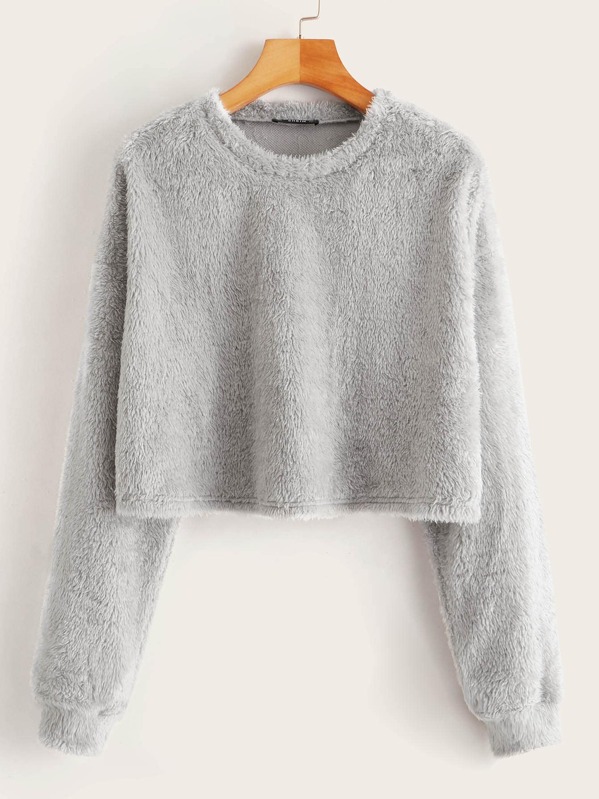 

Round Neck Solid Teddy Sweatshirt, Grey