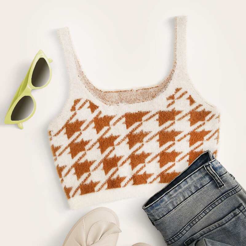 

Houndstooth Fuzzy Crop Knit Top, Multicolor