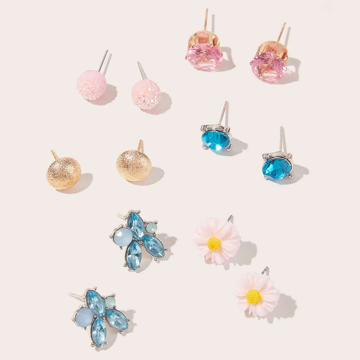 

6pairs Gemstone Engraved Stud Earrings, Multicolor