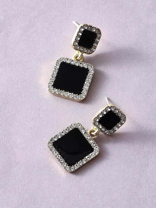 

1pair Rhinestone Engraved Rectangle Drop Earrings, Multicolor