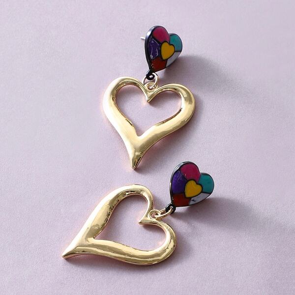 

1pair Color Block Heart Drop Earrings, Multicolor