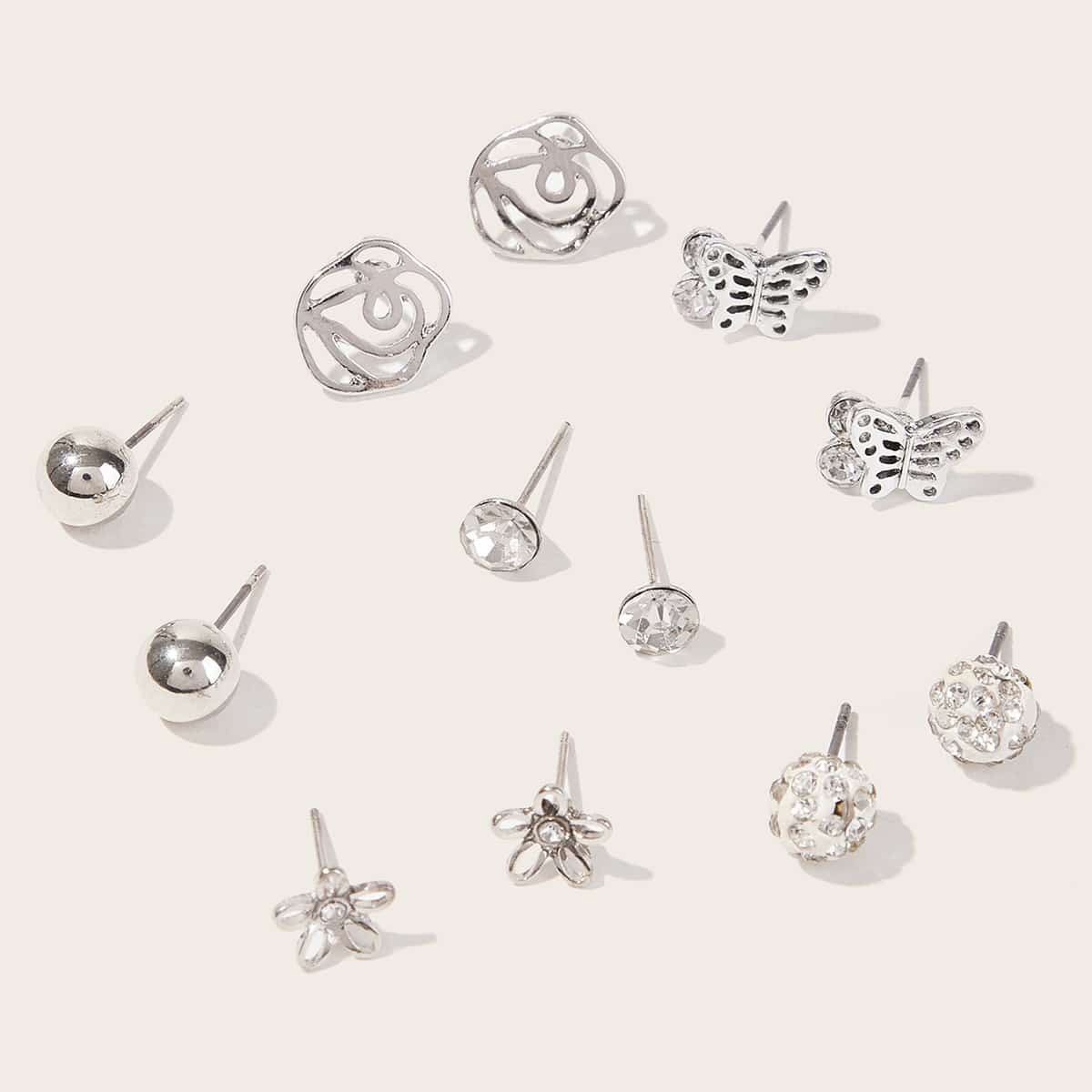 

6pairs Butterfly & Flower Shaped Stud Earrings, Silver