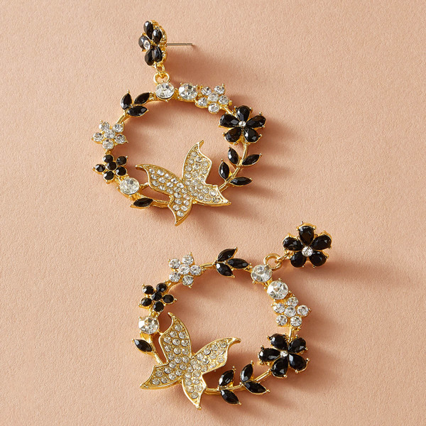 

1pair Rhinestone Engraved Butterfly & Flower Decor Hoop Drop Earrings, Gold