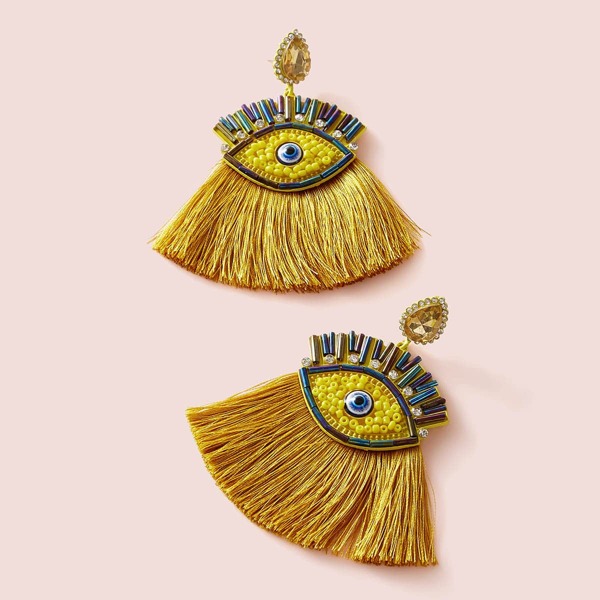 

1pair Beaded Eye Decor Fan Tassel Drop Earrings, Yellow