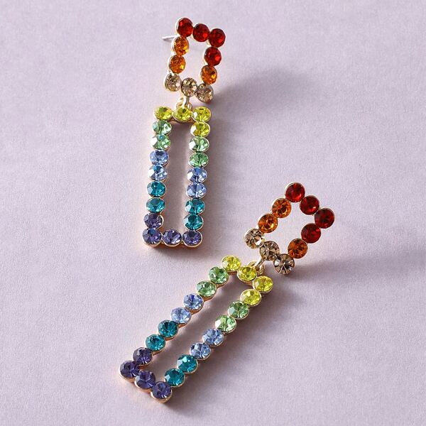 

1pair Rhinestone Engraved Open Rectangle Drop Earrings, Multicolor
