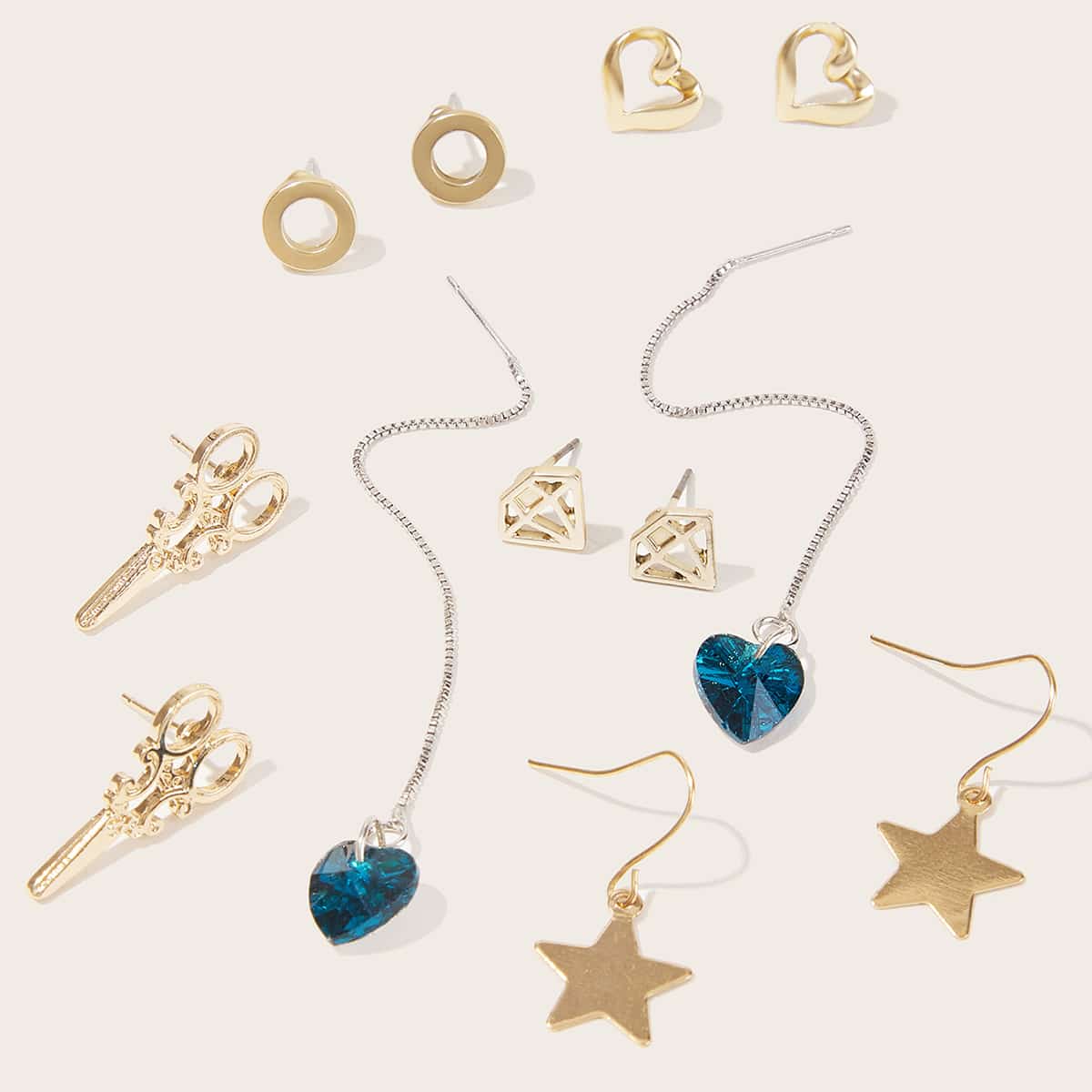 

6pairs Heart & Star Design Earrings, Gold