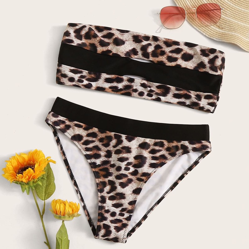

Leopard Bandeau Bikini Set With Detachable Strap, Multicolor