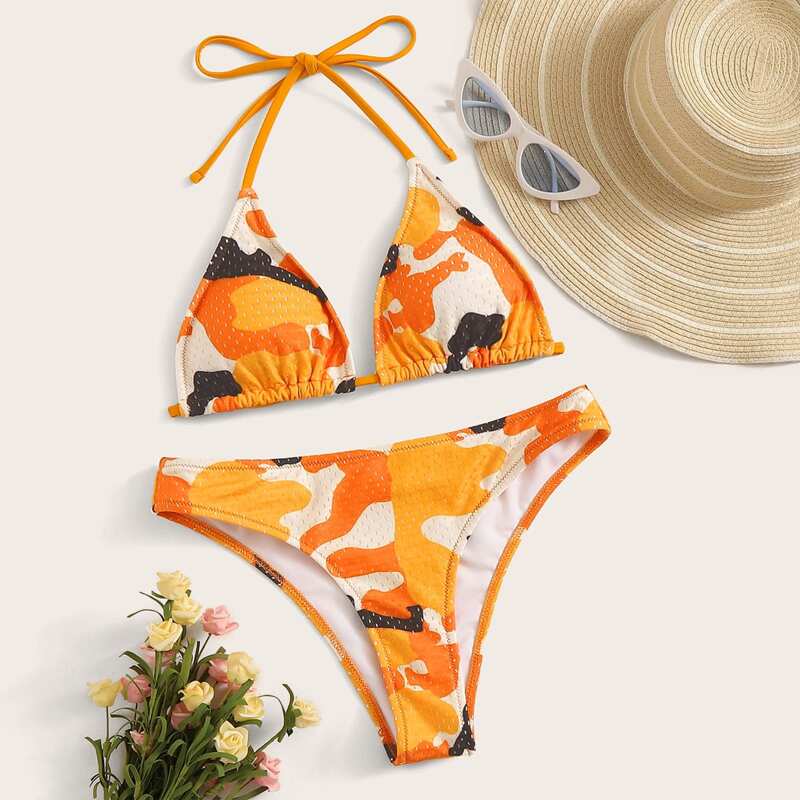 

Camouflage Halter Top With Cheeky Bikini Set, Orange