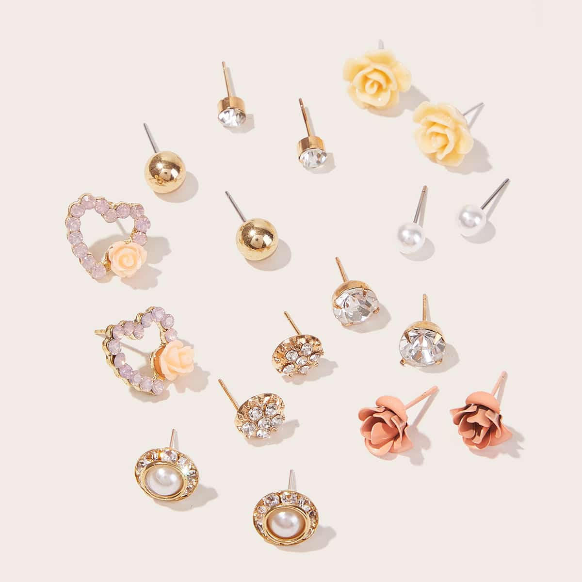 

9pairs Rhinestone & Pearl Decor Stud Earrings, Multicolor