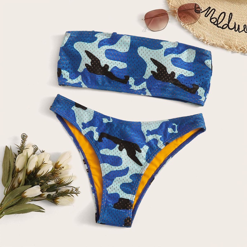

Camouflage Bandeau Top With High Cut Bikini Set, Blue