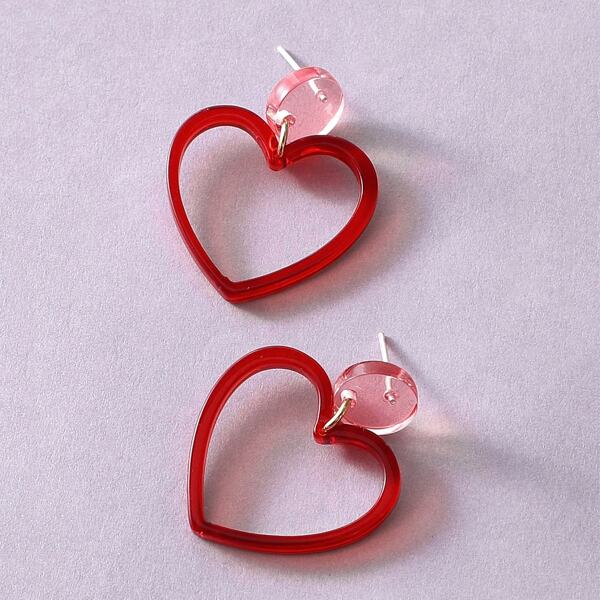 

1pair Two Tone Heart Drop Earrings, Red